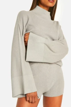 Knitted Co-Ords|Shorts*boohoo Premium Rib Knitted Oversized High Neck Jumper And Knitted Short Set grey