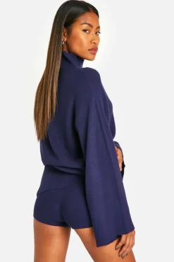 Knitted Co-Ords|Shorts*boohoo Premium Rib Knitted Oversized High Neck Jumper And Knitted Short Set navy