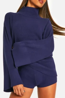 Knitted Co-Ords|Shorts*boohoo Premium Rib Knitted Oversized High Neck Jumper And Knitted Short Set navy