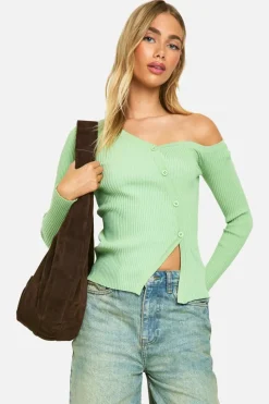 Knitted Tops*boohoo Premium Rib One Shoulder Knitted Top green
