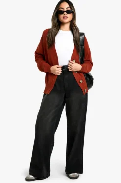 Cardigans|Knitwear*boohoo Premium Rib Oversized Slouchy Knitted Cardigan rust