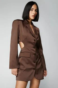 Blazer Dresses*NastyGal Premium Satin Cut Out Blazer Dress chocolate