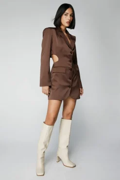 Blazer Dresses*NastyGal Premium Satin Cut Out Blazer Dress chocolate