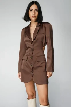 Blazer Dresses*NastyGal Premium Satin Cut Out Blazer Dress chocolate