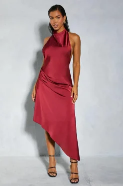 A Line Dresses|Midi Dresses*MissPap Premium Satin Halterneck Low Back Asymmetric Midi Dress berry