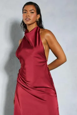 A Line Dresses|Midi Dresses*MissPap Premium Satin Halterneck Low Back Asymmetric Midi Dress berry