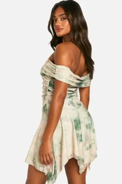 Skater Dresses*boohoo Print Jacquard Floral Bardot Hanky Hem Dress cream