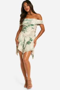 Skater Dresses*boohoo Print Jacquard Floral Bardot Hanky Hem Dress cream