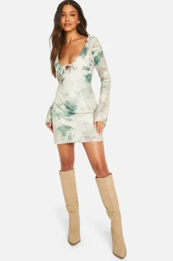 Skater Dresses*boohoo Print Jacquard Floral Tie Front Mini Dress cream
