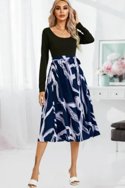 Midi Dresses*FS Collection Printed 2 In 1 Midi Dress Long Sleeve Top In Navy