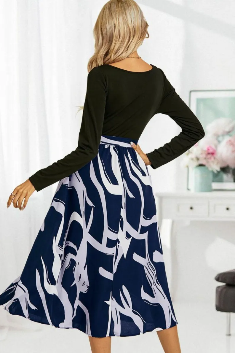 Midi Dresses*FS Collection Printed 2 In 1 Midi Dress Long Sleeve Top In Navy