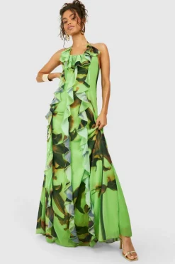Smock Dresses*boohoo Printed Chiffon Ruffle Maxi Dress green