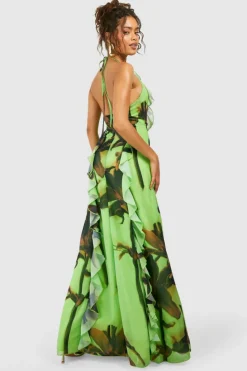 Smock Dresses*boohoo Printed Chiffon Ruffle Maxi Dress green