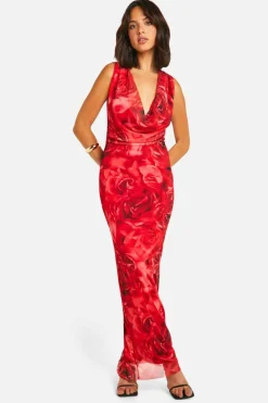 Maxi Dresses|Dresses*boohoo Printed Cowl Neck Maxi Dress red