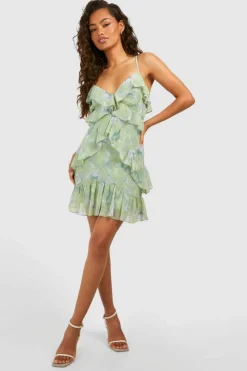 Cami Dresses*boohoo Printed Dobby Ruffle Mini Dress green