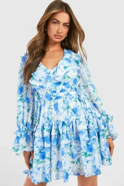 Skater Dresses*boohoo Printed Gathered Waist Ruffle Detail Skater Dress blue
