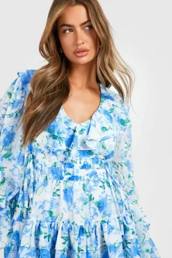 Skater Dresses*boohoo Printed Gathered Waist Ruffle Detail Skater Dress blue