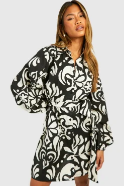 Shirt Dresses|Wrap Dresses*boohoo Printed Linen Look Wrap Shirt Dress black
