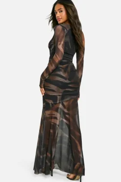 Maxi Dresses|Long Sleeve Dresses*boohoo Printed Mesh Asymmetric Long Sleeve Maxi Dress brown