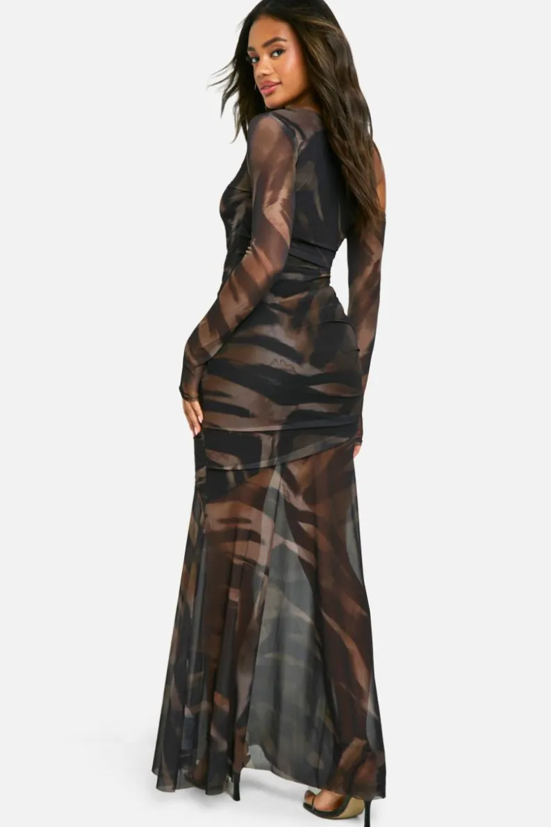 Maxi Dresses|Long Sleeve Dresses*boohoo Printed Mesh Asymmetric Long Sleeve Maxi Dress brown