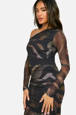Maxi Dresses|Long Sleeve Dresses*boohoo Printed Mesh Asymmetric Long Sleeve Maxi Dress brown