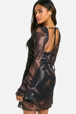 Mini Dresses|Long Sleeve Dresses*boohoo Printed Mesh Flare Sleeve Mini Dress brown
