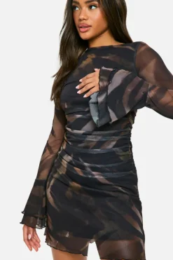 Mini Dresses|Long Sleeve Dresses*boohoo Printed Mesh Flare Sleeve Mini Dress brown