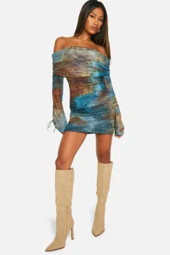 Bodycon Dresses*boohoo Printed Mesh Lace Up Detail Flare Sleeve Mini Dress green