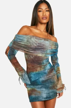 Bodycon Dresses*boohoo Printed Mesh Lace Up Detail Flare Sleeve Mini Dress green