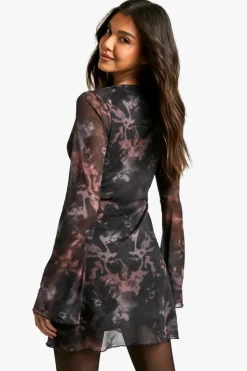 Mini Dresses|Long Sleeve Dresses*boohoo Printed Mesh Tie Front Flare Sleeve Mini Dress slate grey