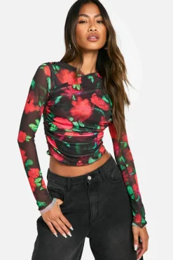 Long Sleeve Tops*boohoo Printed Mesh Wrap Front Long Sleeve Top multi