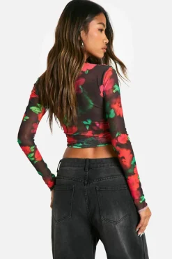 Long Sleeve Tops*boohoo Printed Mesh Wrap Front Long Sleeve Top multi