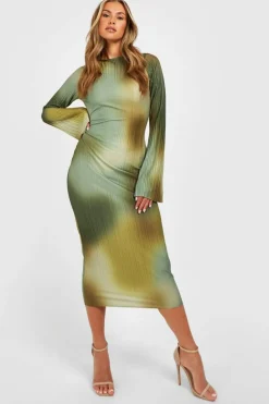 Midi Dresses*boohoo Printed Plisse Flare Sleeve Midaxi Dress khaki