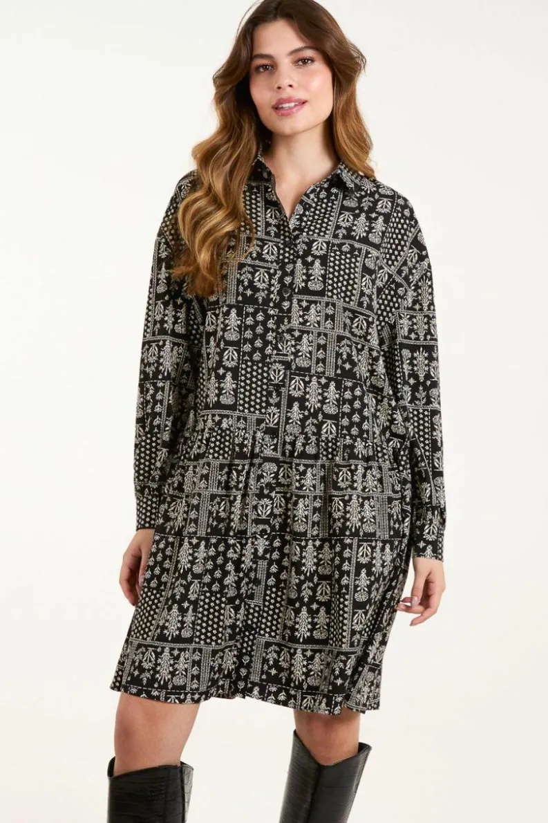 Shirt Dresses*Blue Vanilla Printed Smock Shirt Dress Black