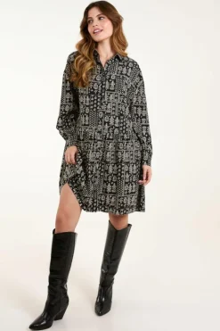 Shirt Dresses*Blue Vanilla Printed Smock Shirt Dress Black
