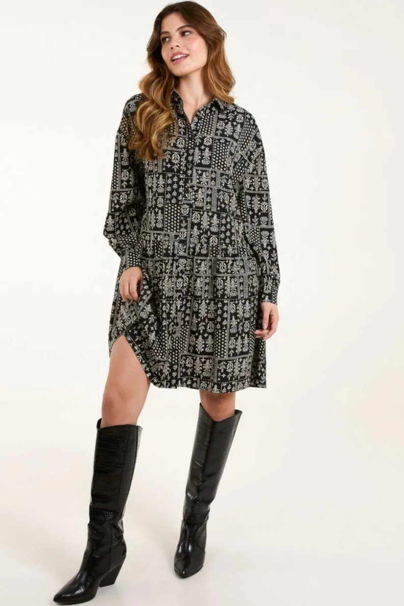 Shirt Dresses*Blue Vanilla Printed Smock Shirt Dress Black