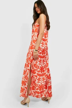 Cami Dresses*boohoo Printed Square Neck Maxi Dress orange
