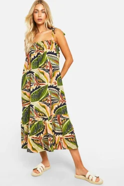 Smock Dresses*boohoo Printed Tie Strap Linen Look Midaxi Dress multi