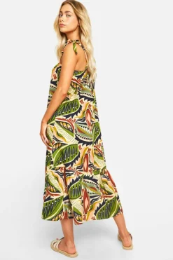 Smock Dresses*boohoo Printed Tie Strap Linen Look Midaxi Dress multi