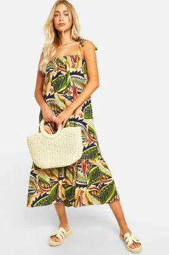 Smock Dresses*boohoo Printed Tie Strap Linen Look Midaxi Dress multi