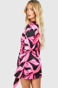 Shirt Dresses*boohoo Printed Tie Waist Shirt Dress hot pink