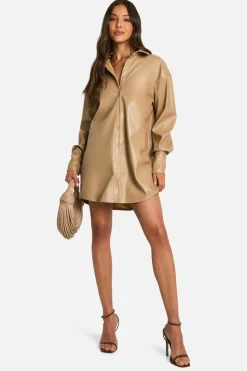 Shirt Dresses*boohoo Pu Oversized Shirt stone