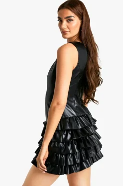 Skater Dresses|Mini Dresses*boohoo PU Ruffle Hem Mini Dress black