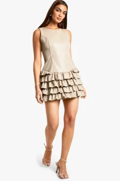 Skater Dresses*boohoo PU Ruffle Hem Mini Dress stone