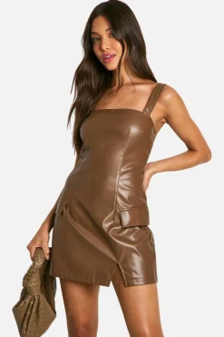 Bodycon Dresses*boohoo Pu Square Neck Pocket Front Dress chocolate