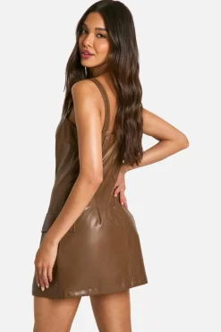 Bodycon Dresses*boohoo Pu Square Neck Pocket Front Dress chocolate