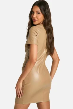T-Shirt Dresses|Shirt Dresses*boohoo Pu Wrap Ruched T-shirt Mini Dress stone