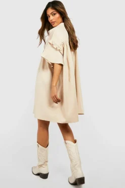 Smock Dresses|Shirt Dresses*boohoo Puff Sleeve Button Through Smock Mini Dress stone