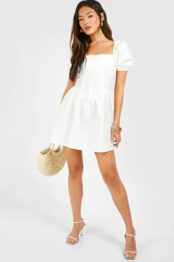Skater Dresses|Mini Dresses*boohoo Puff Sleeve Cotton Rouched Milkmaid Mini Dress white