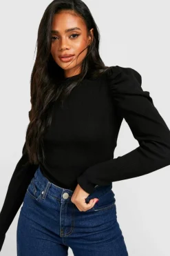 Knitted Tops*boohoo Puff Sleeve Crew Neck Knitted Bodysuit black